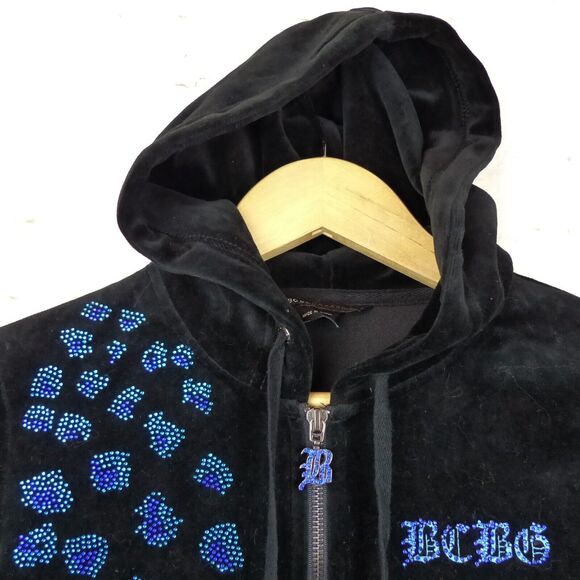 Vtg BCBGMAXAZRIA Y2K Velour Hoodie Track Jacket S Black Rhinestone Animal Spots - Picture 6 of 14